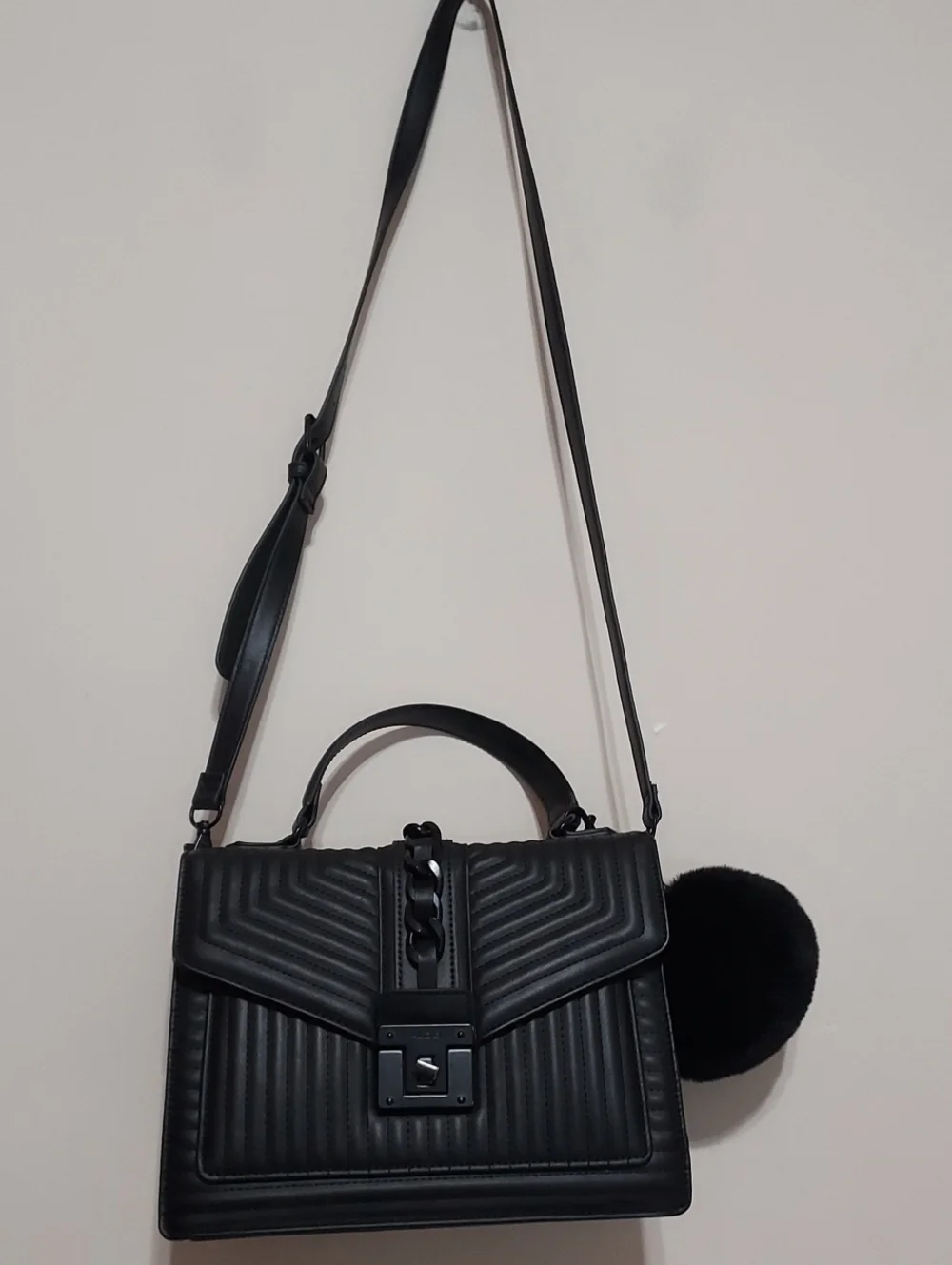 ALDO Chic Black Quilted Top-Handle Satchel with Pom Accent